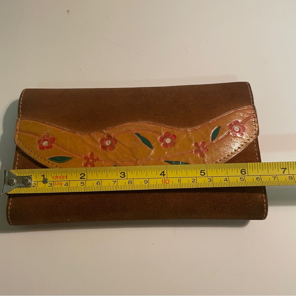 Vtg 1970's Hippie Suede Wallet Floral Snap Closure Clutch Brown Leather Brazil - Picture 8 of 10